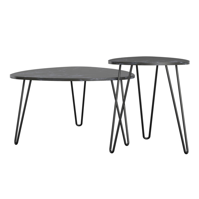 Retro Glam Black Faux Marble & Metal Hairpin Nesting Tables