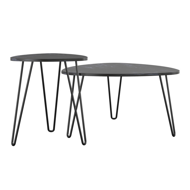 Retro Glam Black Faux Marble & Metal Hairpin Nesting Tables