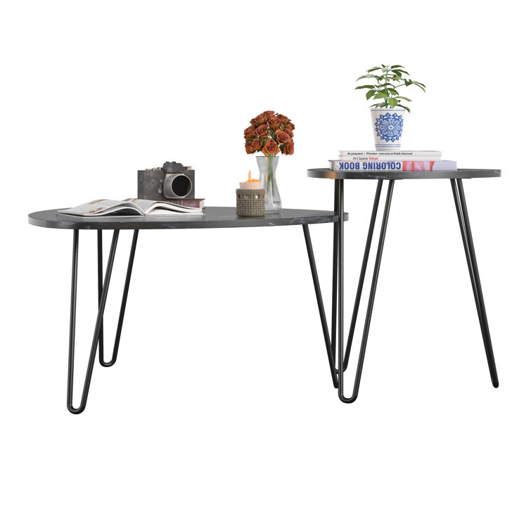 Retro Glam Black Faux Marble & Metal Hairpin Nesting Tables