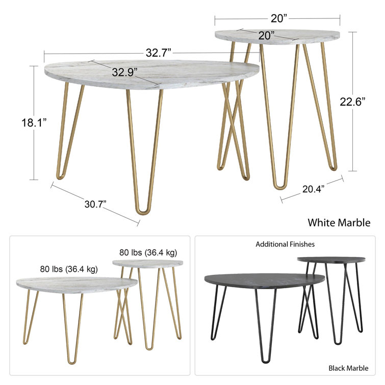 Retro Glam Black Faux Marble & Metal Hairpin Nesting Tables