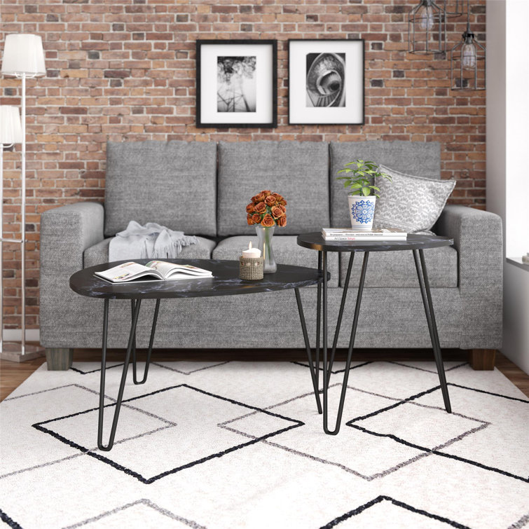 Retro Glam Black Faux Marble & Metal Hairpin Nesting Tables