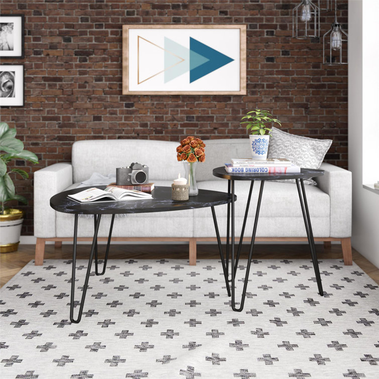 Retro Glam Black Faux Marble & Metal Hairpin Nesting Tables