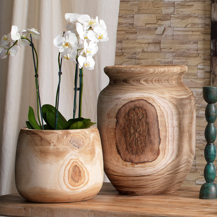 Hand-Carved Natural Wood Decorative Table Vase