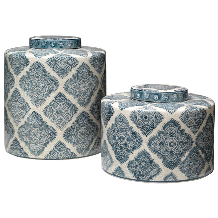Set of 2 Blue and White Ceramic Canisters