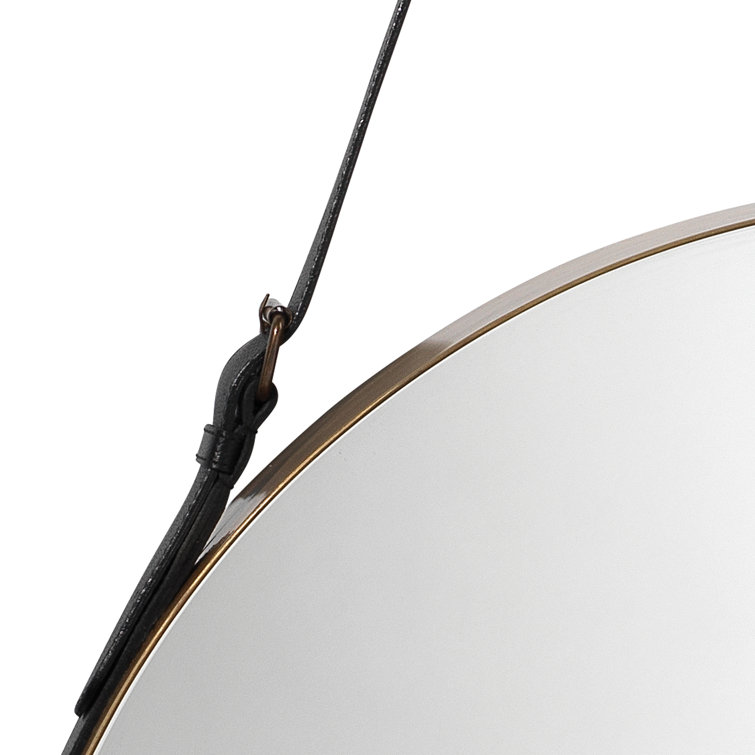 Large Round Antique Brass Mirror with Black Leather Strap