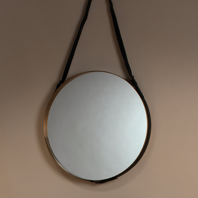 Large Round Antique Brass Mirror with Black Leather Strap