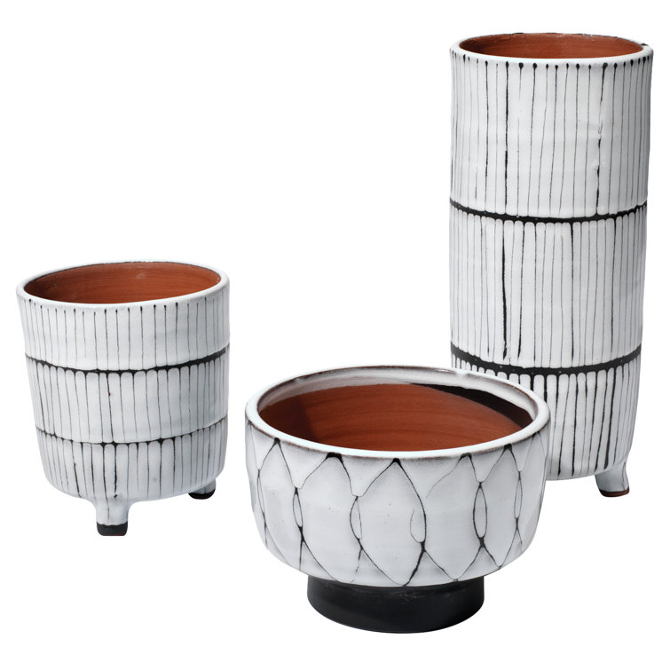 Cream and Dark Grey Ceramic Vase Set with Textured Finish