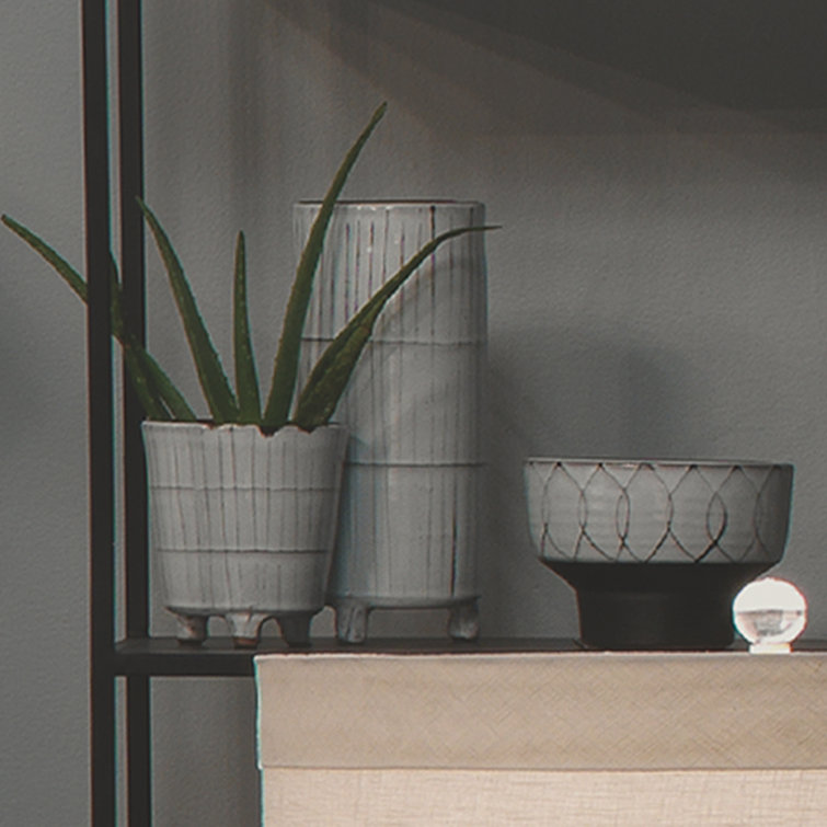 Cream and Dark Grey Ceramic Vase Set with Textured Finish