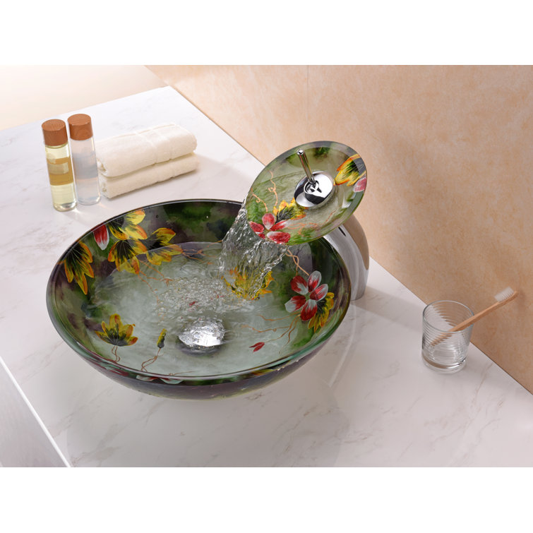 Hand-Painted Green Tempered Glass Circular Vessel Sink