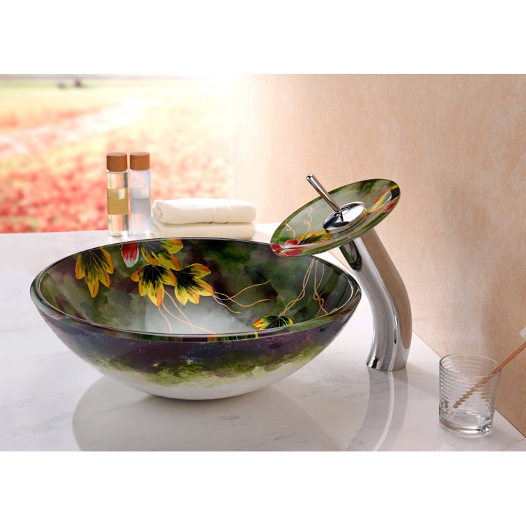Hand-Painted Green Tempered Glass Circular Vessel Sink