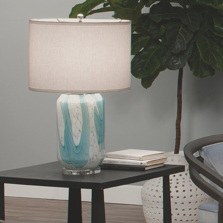 Pale Blue Blown Glass Table Lamp with Linen Shade