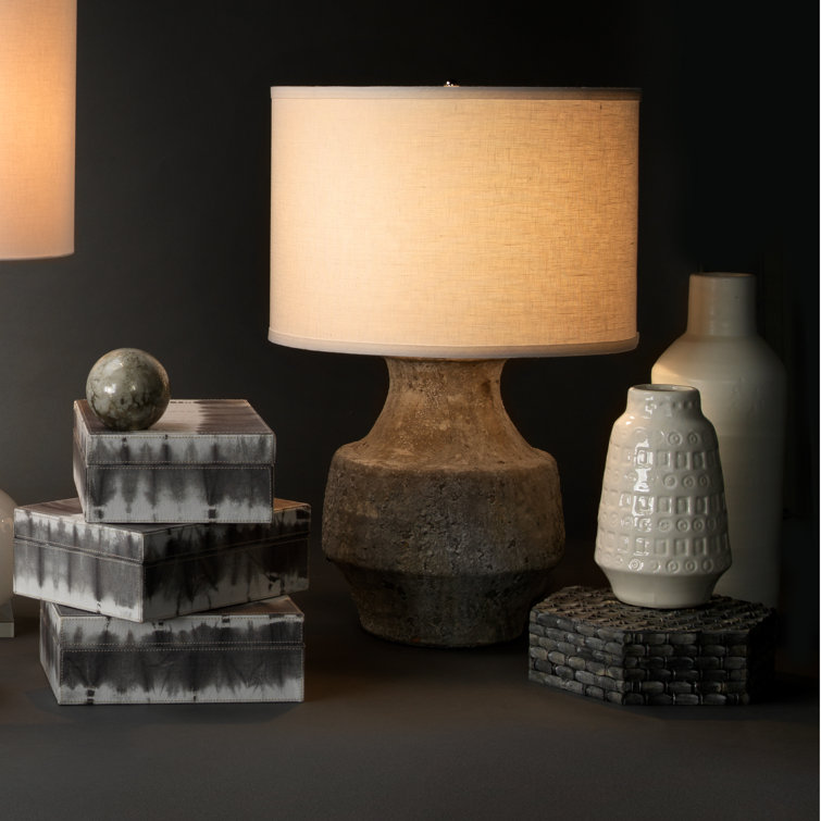 Aged Grey Ceramic Table Lamp with White Linen Shade