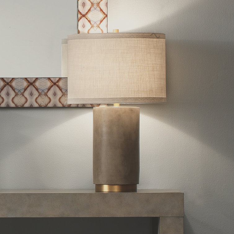 Grey Cement and Antique Brass Table Lamp with Linen Shade