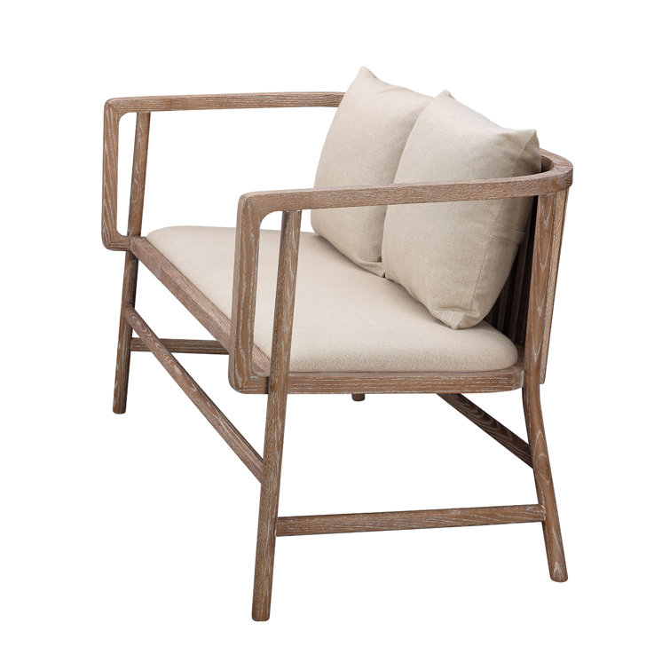 Off-White Linen & Grey-Washed Wood Farmhouse Settee