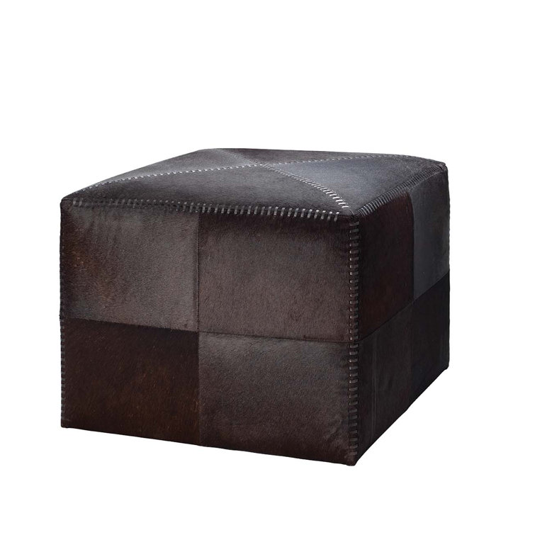Contemporary Stitched Dark Brown Leather Pouf Ottoman