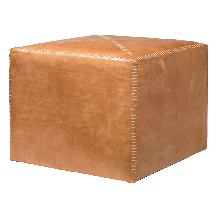 Rustic Large Buff Leather Pouf with Whipstitch Detail