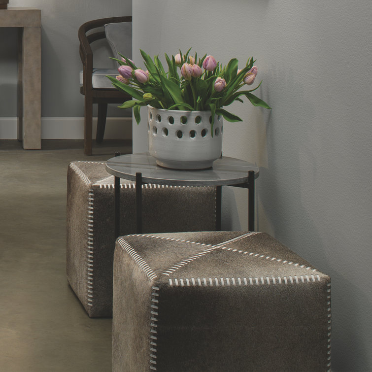 Cross Stitch Tufted Gray Hide Leather Cube Ottoman