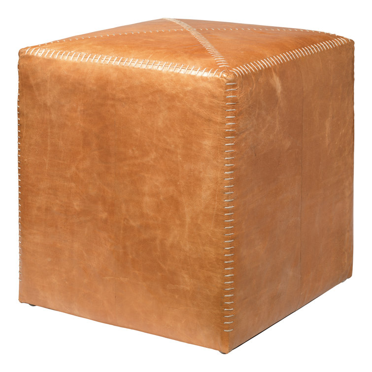 Small Buff Brown Leather Ottoman with Whipstitch