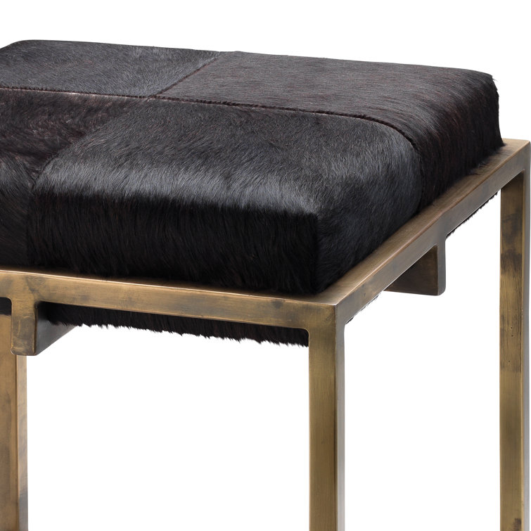 Elegant Black Hide Cushioned Brass Stool for Bedroom & Living Room