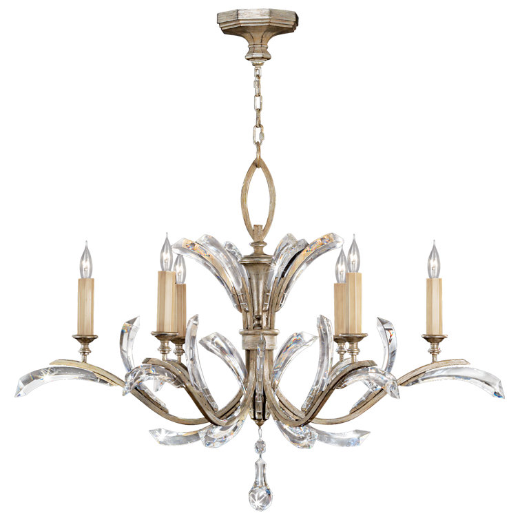 Elegant Silver Leaf 6-Light Chandelier with Arcing Beveled Crystals