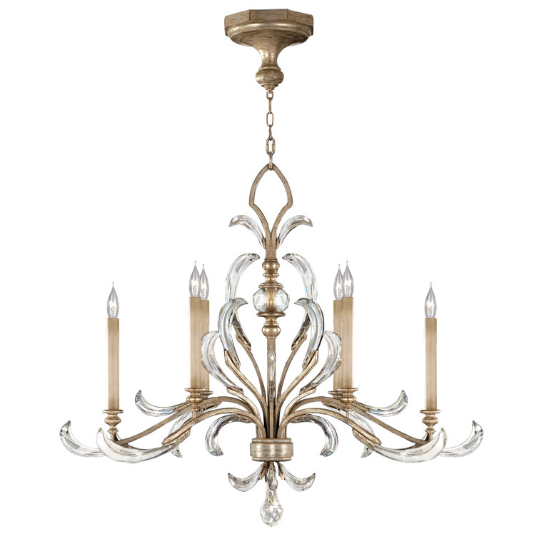 Elegant Silver Leaf 6-Light Chandelier with Arcing Beveled Crystals