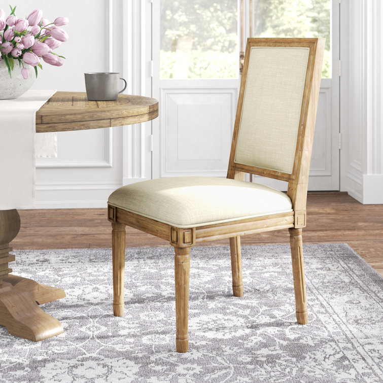 Beige Linen Upholstered Dining Chair with Natural Wood Finish