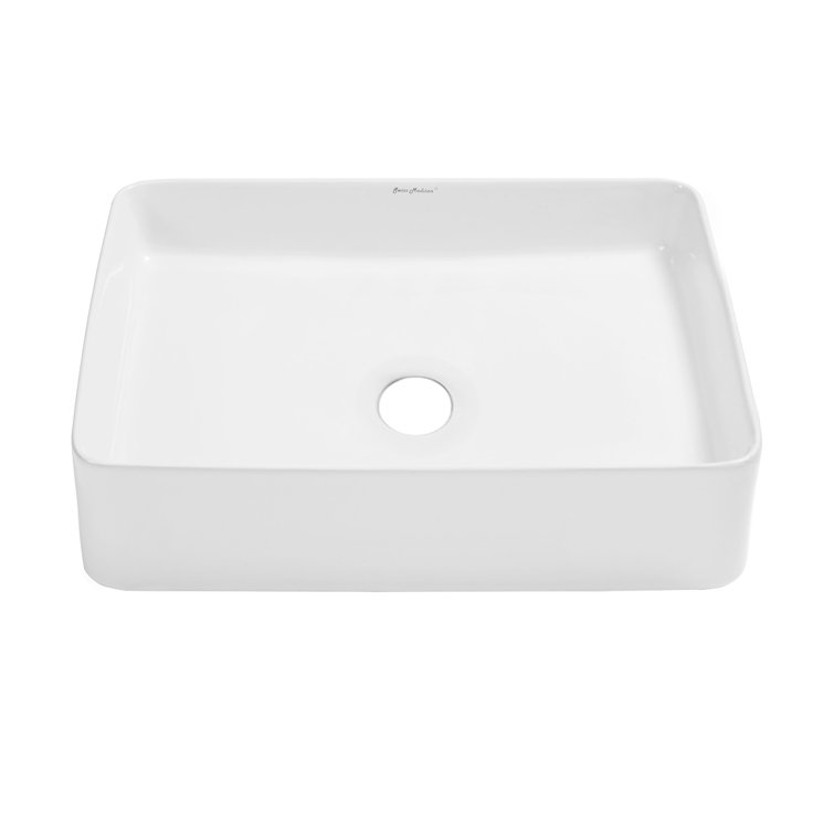 Glossy White Ceramic Rectangular Above-Counter Vessel Sink