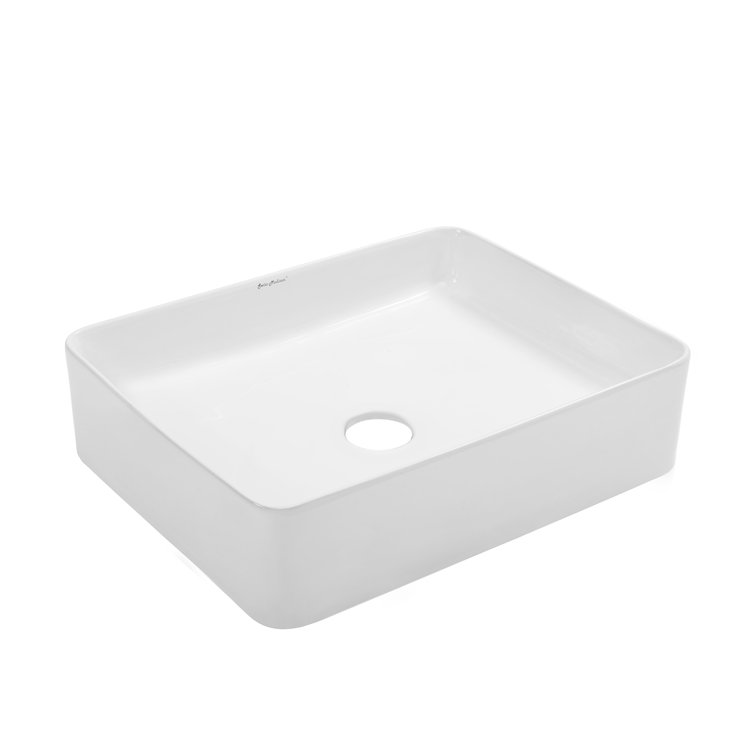 Glossy White Ceramic Rectangular Above-Counter Vessel Sink