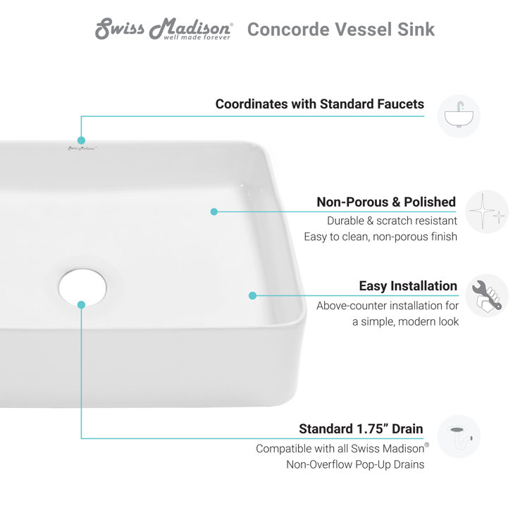 Glossy White Ceramic Rectangular Above-Counter Vessel Sink