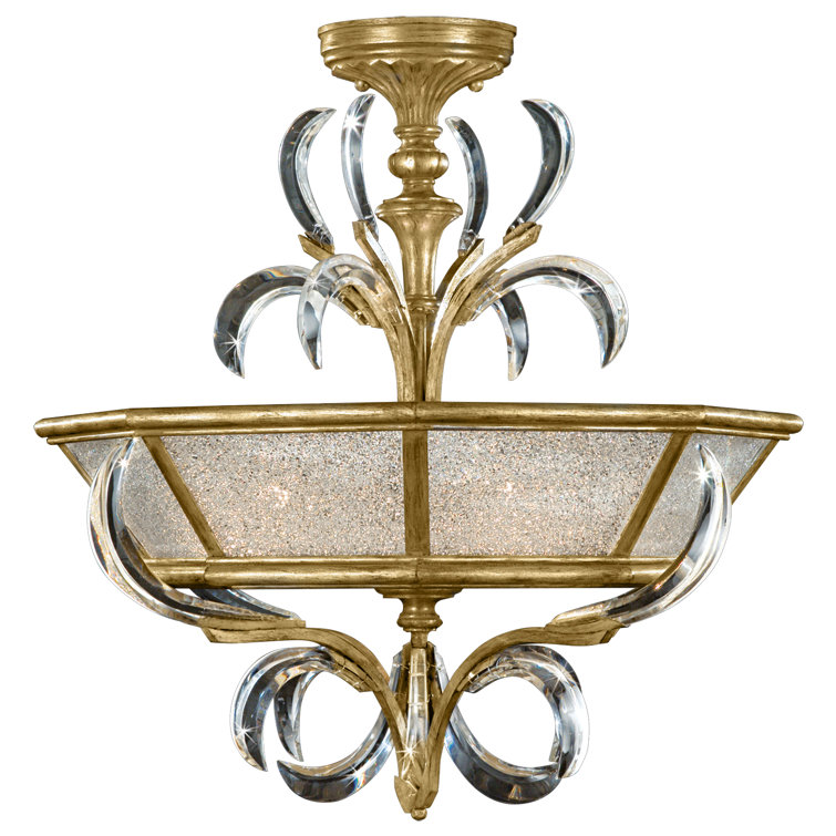 Gold Leaf Crystal Semi-Flush Mount Light Fixture