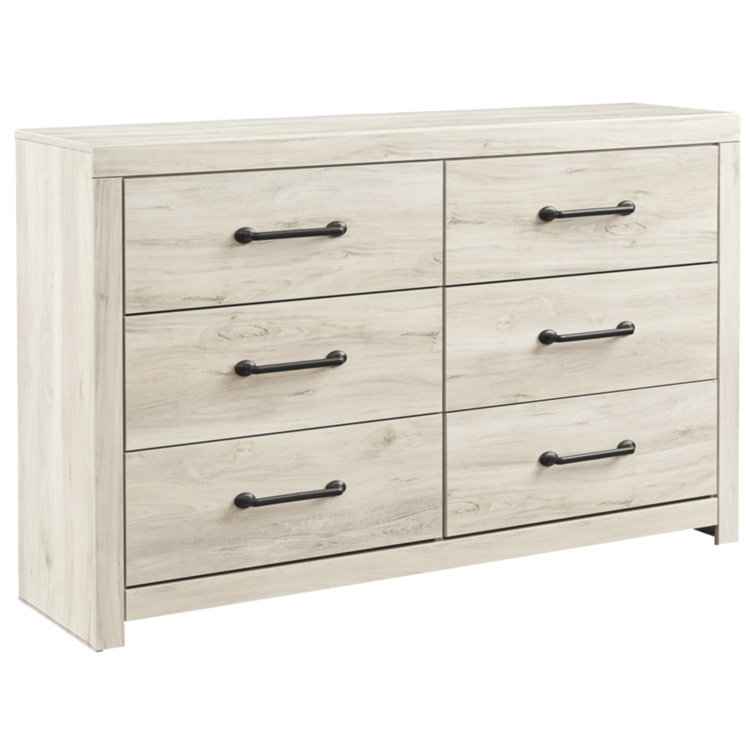 Whitewash Farmhouse 6-Drawer Dresser with Black Handles