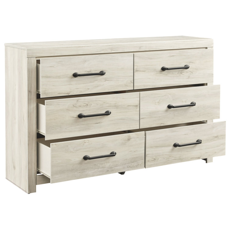 Whitewash Farmhouse 6-Drawer Dresser with Black Handles