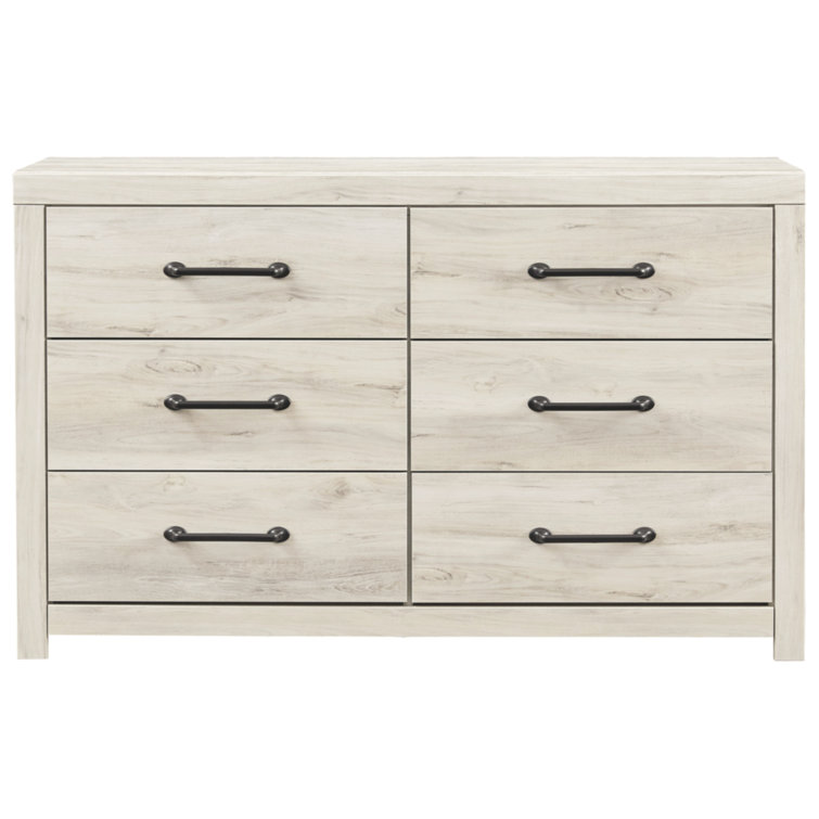Whitewash Farmhouse 6-Drawer Dresser with Black Handles