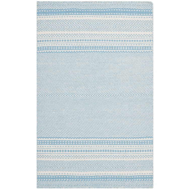 Light Blue and Ivory Handwoven Wool and Cotton 4' x 6' Area Rug