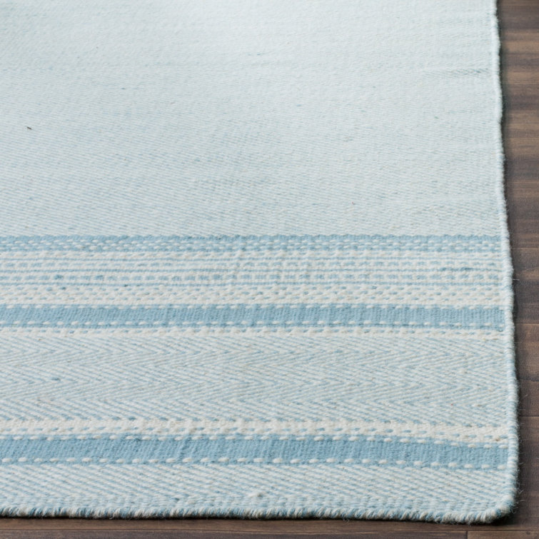 Light Blue and Ivory Handwoven Wool and Cotton 4' x 6' Area Rug