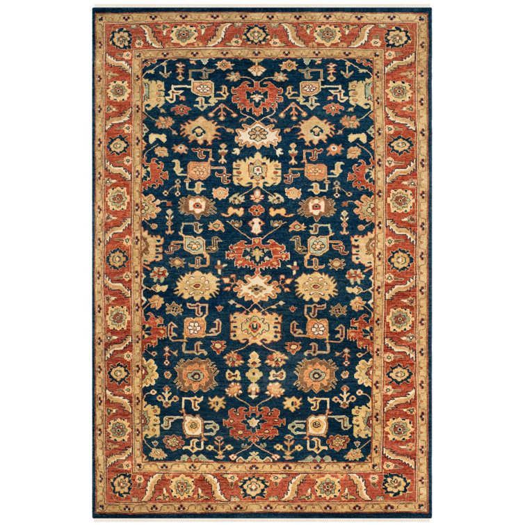 Hand-Knotted Navy and Rust Wool 9' x 12' Area Rug