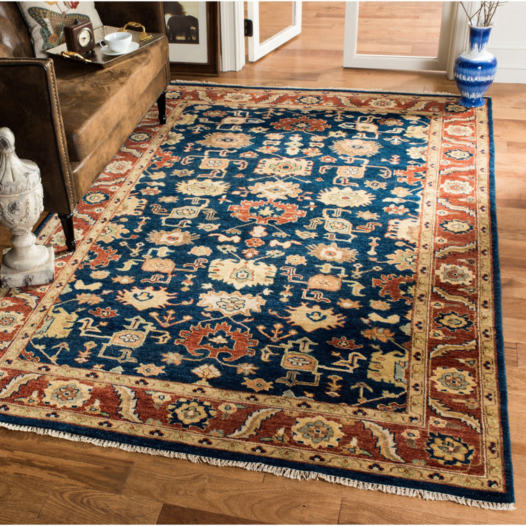 Hand-Knotted Navy and Rust Wool 9' x 12' Area Rug