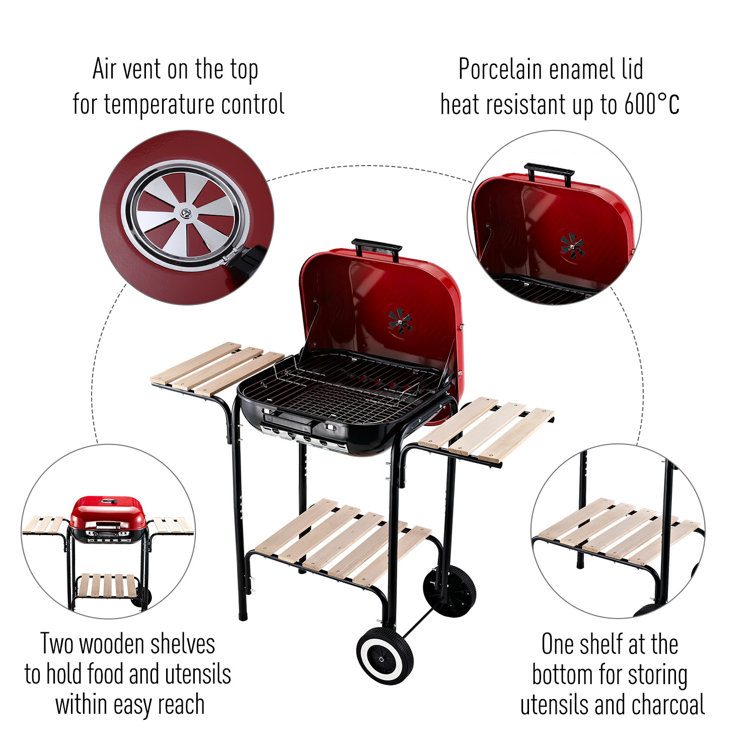 Outsunny Red and Black Portable Charcoal Grill with Shelves