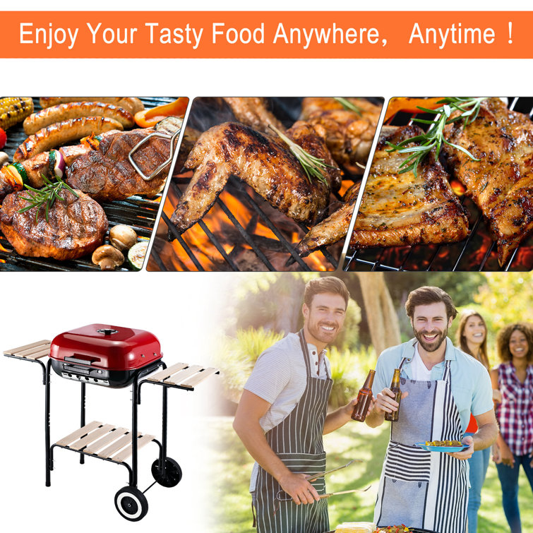 Outsunny Red and Black Portable Charcoal Grill with Shelves