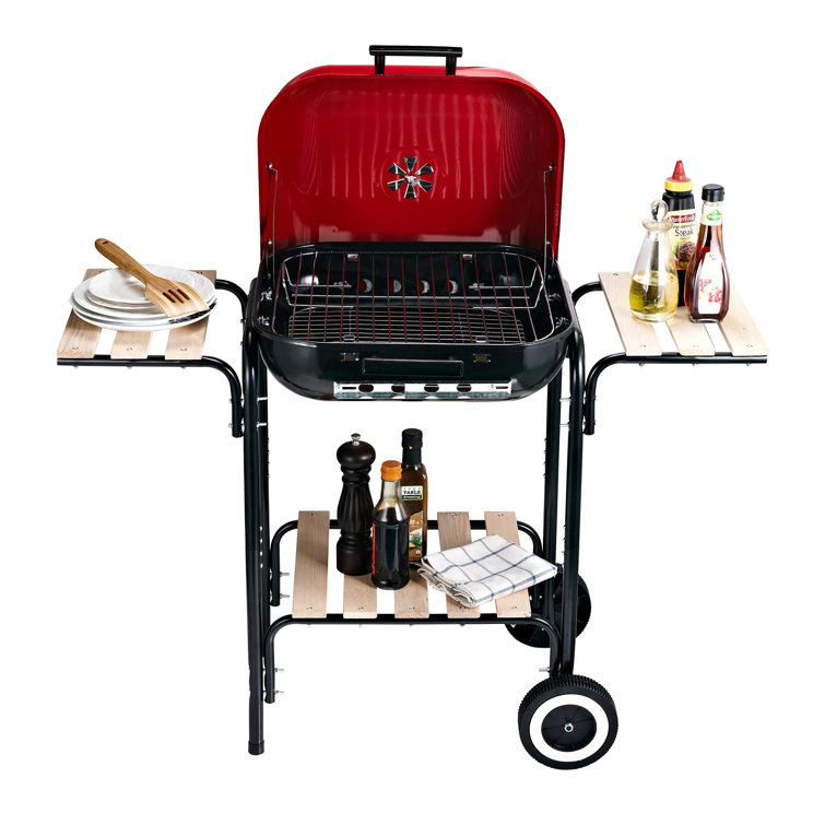 Outsunny Red and Black Portable Charcoal Grill with Shelves
