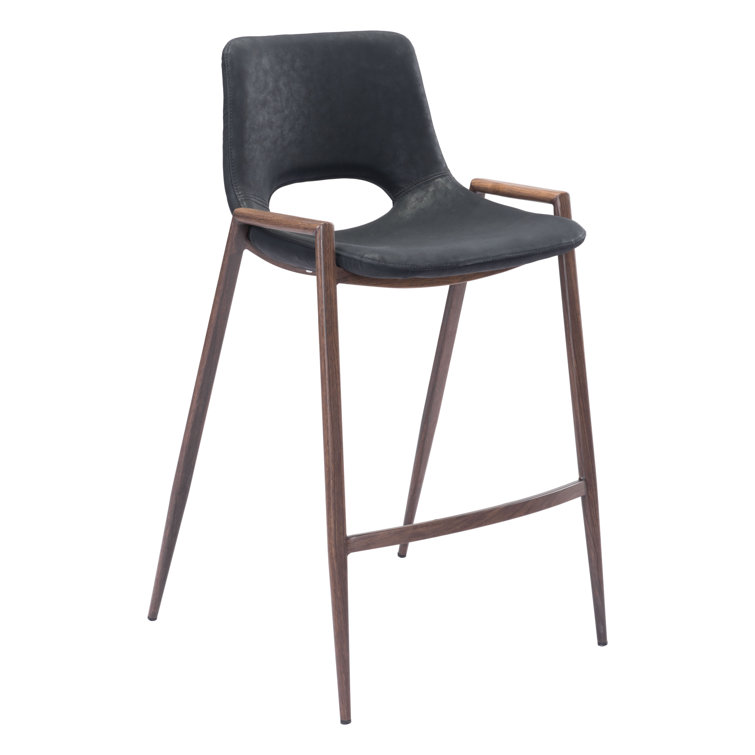 Black Leather and Walnut Wood Counter Stools, Set of 2