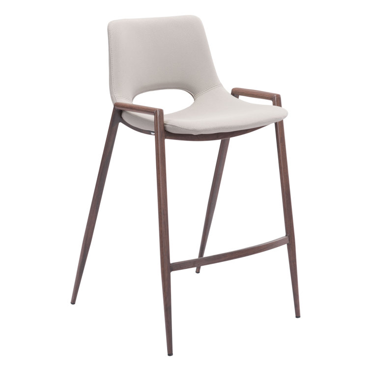 Beige Upholstered Counter Stool with Walnut Veneer Legs