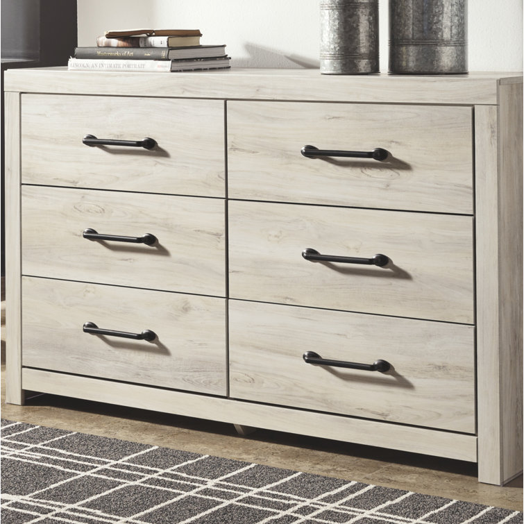 Whitewash Farmhouse 6-Drawer Dresser with Black Handles