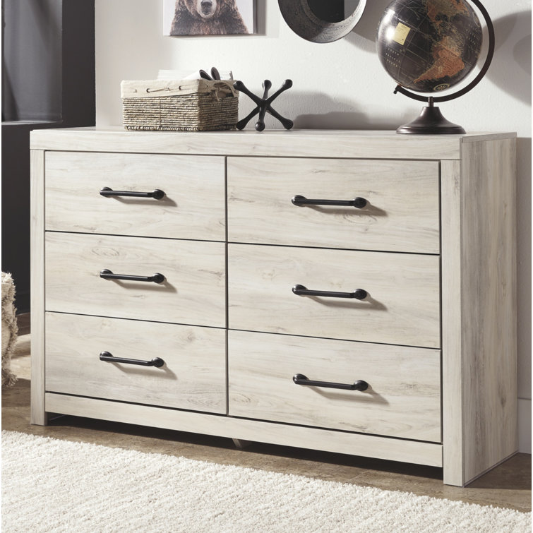 Whitewash Farmhouse 6-Drawer Dresser with Black Handles