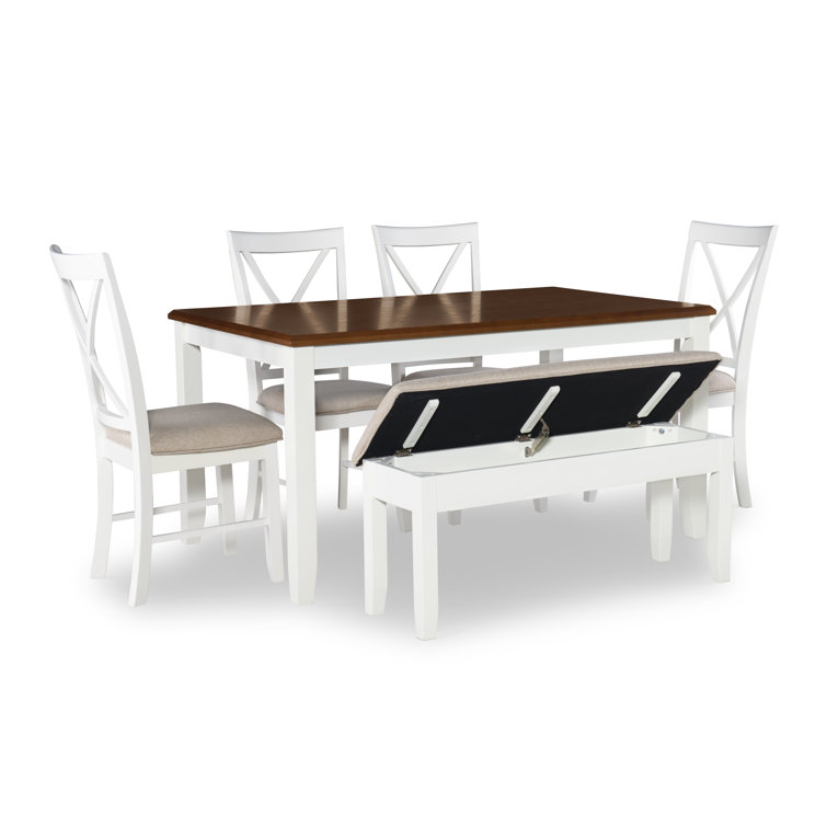 Vanilla White and Honey Brown 6-Piece Dining Set with Upholstered Chairs