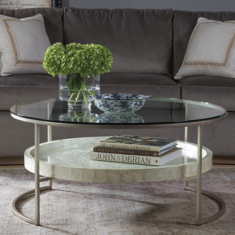 Champagne Foil and Glass Round Cocktail Table with Capiz Shelf