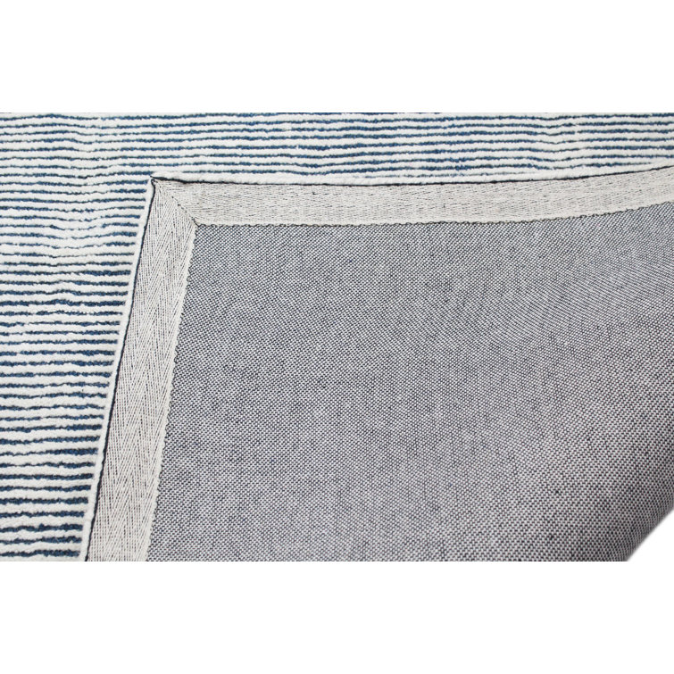 Ivory and Navy Handwoven Wool Stripe Runner Rug