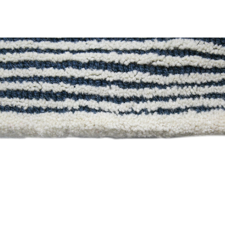 Ivory and Navy Handwoven Wool Stripe Runner Rug