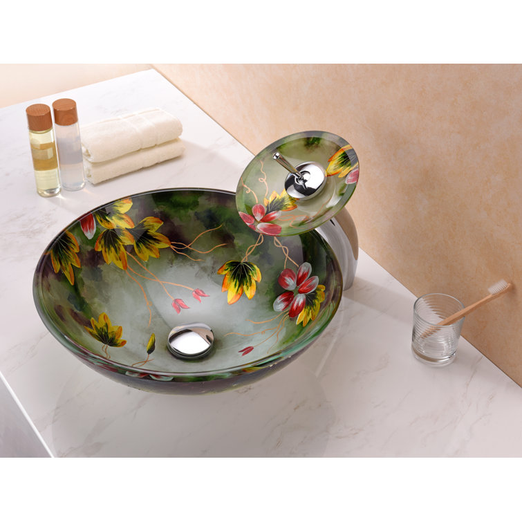 Hand-Painted Green Tempered Glass Circular Vessel Sink