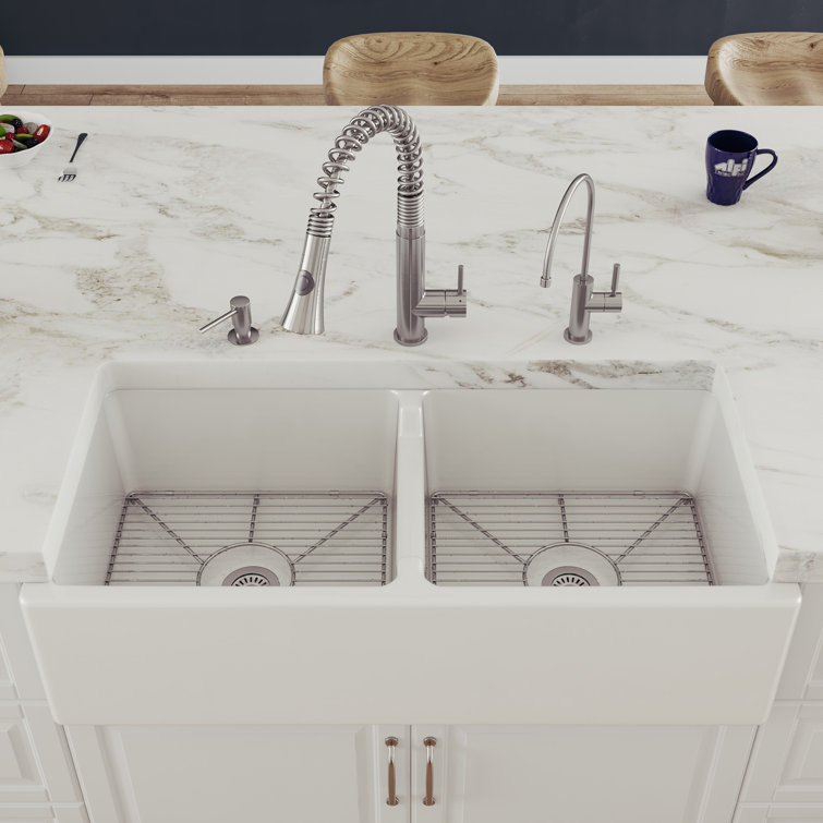 39.5'' White Fireclay Double Bowl Farmhouse Kitchen Sink